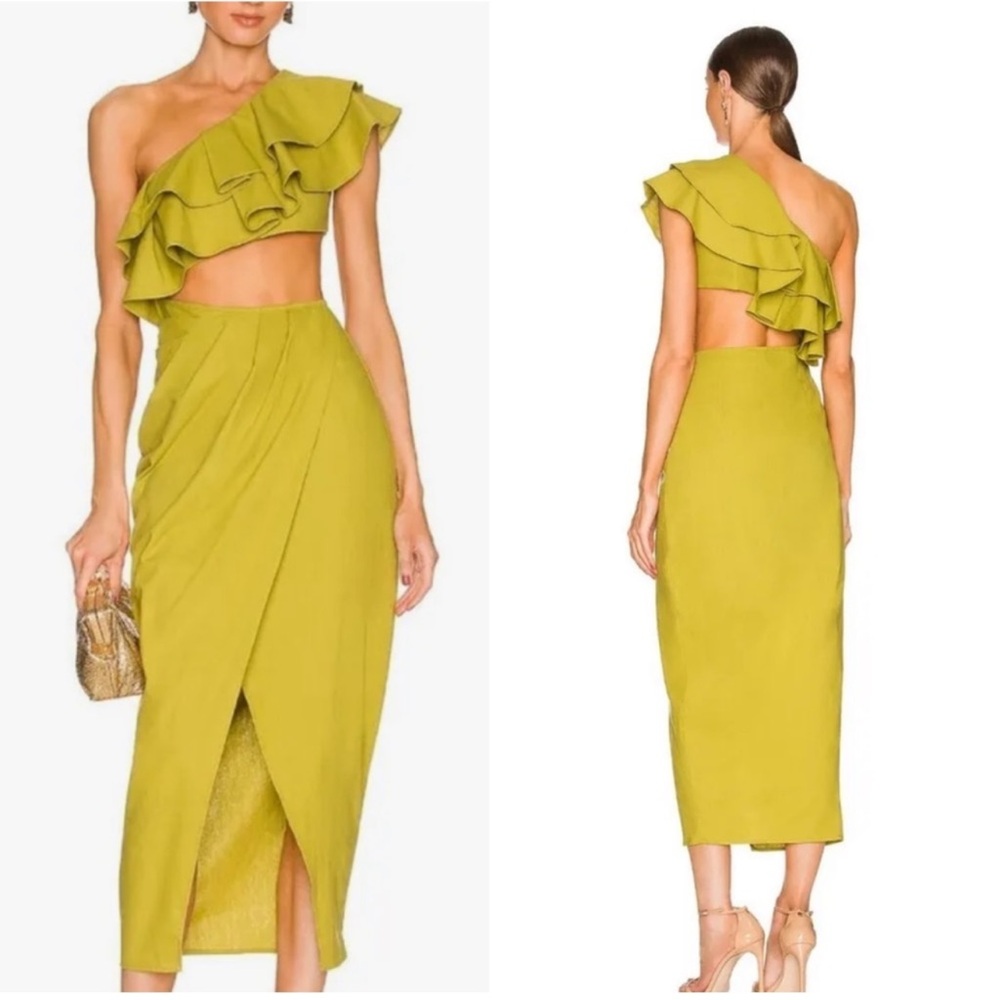 YAURA Revolve Titi Dress Green Linen Blend One Shoulder Ruffle